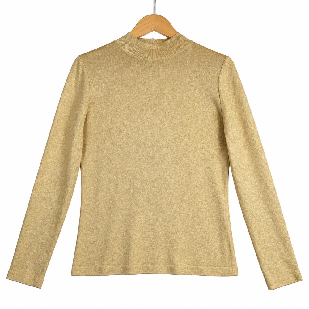St. John Collection Marie Gray Gold Metallic Mock Neck Half Zip Knit Top L